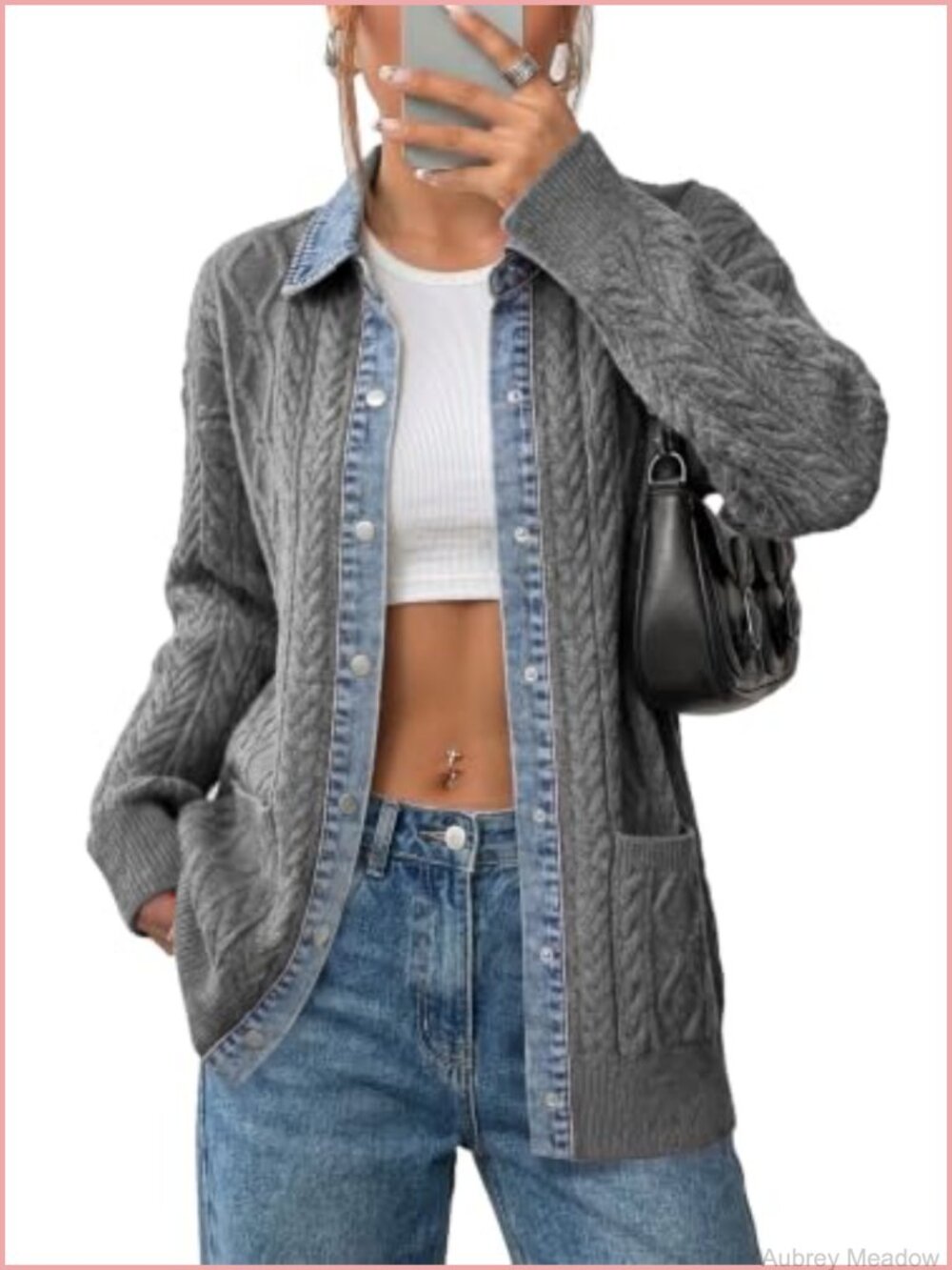Cable Knit Denim Collar Button Front Cardigan Sweater